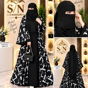 Premium Black & White Printed Abaya Set