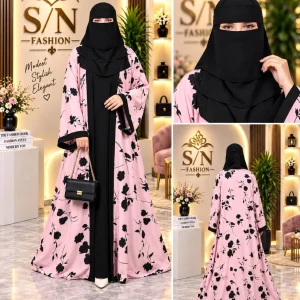 Premium Pink Floral Abaya Set